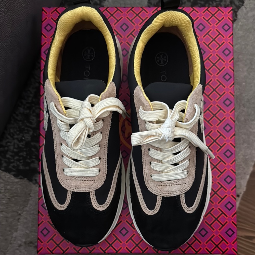 Tory Burch Good Luck Trainer Black and Natural Suede Women's Sneakers - Picture 6 of 9